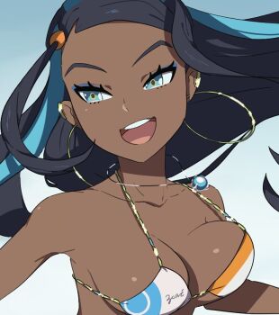 1girl :d adapted_costume bad_id bad_twitter_id bare_shoulders bikini black_hair blue_background blue_eyes blue_hair breasts cleavage collarbone dark-skinned_female dark_skin earrings female_focus forehead gradient_background gym_leader hoop_earrings jewelry long_hair looking_to_the_side multiple_girls necklace nessa_(pokemon) nintendo open_mouth pendant pokemon pokemon_swsh r3dfive round_teeth smile solo strap_gap swimsuit teeth upper_body v-shaped_eyebrows white_bikini