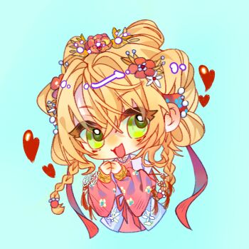 1girl :d aqua_background blonde_hair braid chibi chinese_clothes cropped_torso flower green_eyes hair_flower hair_ornament hands_up hanfu heart highres low_twin_braids official_alternate_costume open_mouth pink_flower pink_hanfu reverse:1999 sangyi shuangyaji smile solo sotheby sotheby_(the_red_thread_of_fate) twin_braids upper_body