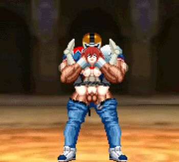 1boy 1girl american_football_uniform animated animated_gif breasts brian_battler clothes_pull dhatzacr fire_emblem full_nelson m.u.g.e.n medium_breasts nintendo pants pants_pull pixel_art red_eyes red_hair severa_(fire_emblem) sex snk sportswear