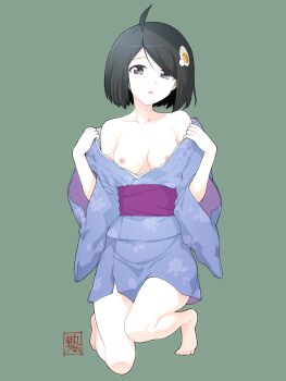 1girl absurdres ahoge araragi_tsukihi artist_name bare_shoulders barefoot belt black_eyes black_hair bob_cut breasts cleavage collarbone commentary commentary_request egg_hair_ornament floral_print floral_print_kimono food-themed_hair_ornament fried_egg full_body green_background hair_ornament highres japanese_clothes kikumaru_bunta kimono kneeling long_sleeves medium_breasts monogatari_(series) nipples no_bra obi open_clothes open_kimono opened_by_self parted_lips print_kimono purple_belt purple_kimono purple_sash sash short_hair short_kimono signature simple_background solo swept_bangs toes translated undressing wide_sleeves