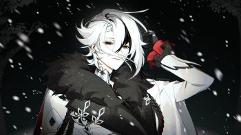 arlecchino_(genshin_impact) black_eyes black_hair black_hands botassium coat colored_extremities fatui_coat fingernail_gloves fur-trimmed_coat fur_trim genshin_impact highres multicolored_hair streaked_hair two-tone_hair white_coat white_hair