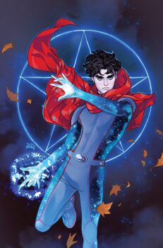 1boy black_hair blue_background blue_bodysuit blue_eyes bodysuit cloak comic_cover commentary earrings english_commentary floating_clothes floating_hair highres initial jewelry leaf looking_at_viewer magic male_focus marvel mismatched_earrings official_art pentagram red_cloak russell_dauterman short_hair solo wiccan young_avengers