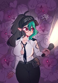 2girls ahoge akane_k0 akane_ko animal_ears artist_logo artist_name black_hair black_pants breasts buck_teeth button_gap cleavage collared_shirt commentary cosplay dual_persona five_nights_at_freddy's five_nights_at_freddy's:_security_breach flashlight glasses green_hair hat heart heart-shaped_pupils heart_in_eye highres holding holding_flashlight large_breasts logo long_hair mini_person multicolored_hair multiple_girls necktie open_mouth original pants pointy_ears ponytail pouch rabbit_ears rabbit_girl round_eyewear security_guard shirt spanish_commentary symbol-shaped_pupils symbol_in_eye teeth two-tone_hair vanessa_(fnaf) vanessa_(fnaf)_(cosplay) white_shirt