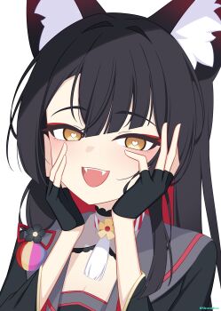 1girl :d absurdres animal_ears black_flower black_gloves black_hair blue_archive blush excited eyeshadow fangs fingerless_gloves flower fox_ears fox_girl gloves hair_between_eyes hair_flower hair_ornament hands_on_own_cheeks hands_on_own_face heart heart-shaped_pupils highres long_hair looking_at_viewer makeup open_mouth red_eyeshadow red_hair siranui_desu smile solo symbol-shaped_pupils upper_body very_long_hair wakamo_(blue_archive) yandere_trance yellow_eyes