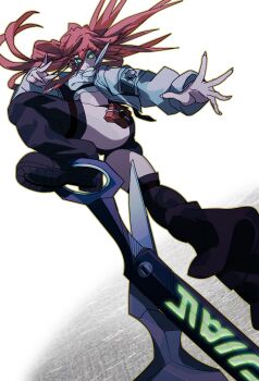 1girl absurdres belt big_hair black_leg_warmers black_shoes black_shorts commentary_request crop_top cropped_jacket dynamic_pose flipped_bangs folded_ponytail gachiakuta green_eyes grey_jacket guchurimu_genrishugi highres holding holding_scissors jacket leg_warmers long_hair red_hair riyo_reaper scissors shoes shorts simple_background skinny solo strapless tube_top white_belt white_tube_top