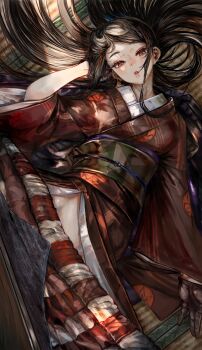 1girl absurdres black_gloves black_hair commentary_request from_above gloves green_sash highres japanese_clothes kimono kotatsu long_hair looking_at_viewer lying midriff_peek obi on_back on_floor original red_kimono sash soleil_(soleilmtfbwy03) solo table under_kotatsu under_table