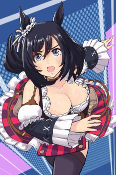 1girl 8qhachiq animal_ears black_hair black_thighhighs blue_eyes blush bob_cut bodice bow breasts choker cleavage detached_sleeves dirndl ear_ornament ear_ribbon ear_scrunchie eishin_flash_(meisterschaft)_(umamusume) eishin_flash_(umamusume) frills german_clothes hair_between_eyes horse_ears horse_girl horse_tail large_breasts long_sleeves looking_at_viewer open_mouth running scrunchie shirt short_hair skirt solo striped_clothes striped_skirt swept_bangs tail thighhighs umamusume vertical-striped_clothes vertical-striped_skirt white_scrunchie