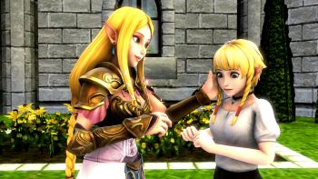2girls 3d animated animated_gif armor blonde_hair blue_eyes breasts elf female_focus hyrule_warriors irascible jewelry kiss linkle long_hair multiple_girls necklace nintendo pointy_ears princess_zelda short_hair the_legend_of_zelda yuri