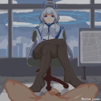 1boy 1girl animated black_pantyhose blue_archive breasts chair closed_mouth commentary countdown crossed_legs cum cum_on_body cum_on_feet cum_on_legs day ejaculation english_commentary erection feet flaccid footjob footjob_with_legwear grey_hair halo hetero indoors jacket large_breasts long_hair long_sleeves looking_at_viewer no_shoes noa_(blue_archive) on_chair open_clothes open_jacket pantyhose penis pixel_art pov projectile_cum purple_eyes shirt sitting skirt solo_focus solom_games swivel_chair tagme two-footed_footjob underwear very_long_hair video white_halo white_jacket white_shirt white_skirt