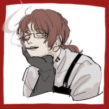 Rule 34 | 1boy, absurdres, alternate costume, amputee, apron, bags under eyes, beard stubble, black-framed eyewear, black-framed glasses, black apron, border, brown hair, cigarette, cropped torso, elbow gloves, facial hair, from side, glasses, gloves, gregor (project moon), grey gloves, half-closed eyes, hand on another's chin, hand on own chin, hand on own face, hand up, head rest, highres, joints, limbus company, long hair, long sleeves, looking at viewer, looking to the side, low ponytail, male focus, mouth hold, official alternate costume, parted bangs, parted lips, ponytail, portrait, project moon, r.b. (identity) (project moon), red border, sanpaku, semi-rimless eyewear, shirt, sidelocks, simple background, smile, smoke, smoking, solo, stubble, teeth, turtleneck, turtleneck shirt, under-rim eyewear, upper body, upper teeth only, white background, white shirt, yellow eyes