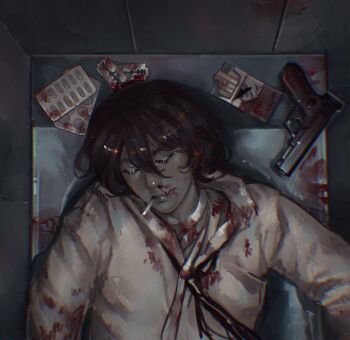 1boy bandaged_neck bandages black_necktie blood blood_on_clothes blood_splatter blood_stain brown_hair bungou_stray_dogs cigarette cigarette_pack closed_eyes dazai_osamu_(bungou_stray_dogs) dogs_dreamm drugs facing_viewer from_above gun hair_between_eyes hashtag-only_commentary head_tilt highres lying male_focus necktie on_back razor_blade self-harm shirt short_hair solo upper_body weapon white_shirt