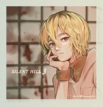 Rule 34 | 1girl, artist name, blonde hair, blood, blood on wall, blurry, blurry background, border, closed mouth, commentary, english commentary, hair between eyes, heather mason, looking at viewer, oisiso, red eyes, short hair, silent hill (series), silent hill 3, solo, turtleneck, twitter username, upper body, white border, wristband