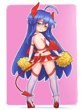 1girl :3 absurdres ahoge ass back backless_outfit bare_shoulders biting_own_lip blue_hair blush boots border cheerleader chocomilkinc clothing_request demon_girl demon_horns demon_tail demon_wings detached_collar elbow_gloves female_focus from_behind full_body gloves green_eyes hair_between_eyes half-closed_eyes high_heel_boots high_heels highleg highres holding holding_pom_poms horns izumi_konata loli long_hair looking_at_viewer looking_back low_wings lucky_star microskirt miniskirt mole mole_under_eye outline outside_border over-kneehighs parted_lips pink_background pleated_skirt pom_pom_(cheerleading) pom_poms red_horns red_shoes red_skirt red_tail red_wings shoes simple_background skirt smile solo standing tail thighhighs thighs very_long_hair white_border white_gloves white_outline white_thighhighs wings zettai_ryouiki