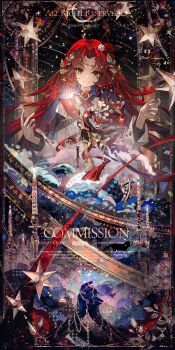 1girl absurdres blue_skin boots brooch brown_boots brown_shoes candle candlestand cape checkered_cape checkered_clothes closed_mouth colored_inner_hair colored_skin commission eyelashes fire flower full_body gem green_eyes hair_flower hair_ornament hand_tattoo hand_up heterochromia high_ponytail highres jewelry leaf_hair_ornament leaf_ornament long_hair long_sleeves looking_at_viewer looking_up multicolored_hair multiple_rings multiple_views original own_hands_clasped own_hands_together parted_bangs ponytail profile red_flower red_gemstone red_hair red_rose ring rose shoes shooting_star shorts sidelocks smile standing star_(symbol) stellated_octahedron tattoo thighhighs two-sided_cape two-sided_fabric upper_body very_long_hair watermark white_flower white_rose white_thighhighs yan_zi_yao_yu yellow_eyes