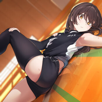 1girl absurdres asymmetrical_legwear black_thighhighs breasts brown_eyes brown_hair closed_mouth clothes_writing commentary_request cowboy_shot dutch_angle highres long_hair looking_at_viewer lying on_back original shirt short_shorts shorts sleeveless sleeveless_shirt small_breasts solo sportswear stretching sweat thighhighs thighs vegetablenabe volleyball yellow_eyes