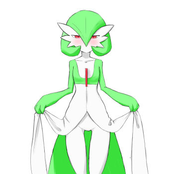 1girl blush bob_cut burabi collarbone colored_skin cowboy_shot female_focus flat_chest gardevoir gen_3_pokemon green_hair green_skin groin hair_between_eyes half-closed_eyes jitome lifting_own_clothes looking_at_viewer multicolored_skin nintendo no_mouth no_pussy pokemon pokemon_(creature) red_eyes short_hair simple_background solo standing straight-on thighs two-tone_skin white_background white_skin