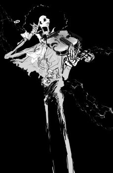1boy absurdres afro ascot brook_(one_piece) commentary greyscale highres holding holding_instrument holding_violin instrument male_focus monochrome one_piece open_mouth puffingseas skeleton solo symbol-only_commentary violin