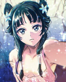 1girl bare_shoulders blue_eyes blue_flower blunt_bangs blush breasts chii_(chi_hrd) cleavage closed_mouth commentary_request double_bun flower green_hair hair_bun hair_flower hair_ornament hair_tubes highres kusuriya_no_hitorigoto looking_at_viewer maomao_(kusuriya_no_hitorigoto) medium_breasts pink_shirt shirt sidelocks solo sparkle twitter_username upper_body wet