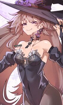 1girl adapted_costume black_choker black_leotard black_pantyhose black_sleeves breasts brown_hair choker detached_sleeves hat herta_(honkai:_star_rail) highres honkai:_star_rail honkai_(series) key key_choker leotard long_hair medium_breasts pantyhose purple_eyes simple_background smile solo the_herta_(honkai:_star_rail) upper_body white_background witch_hat wokiiarts