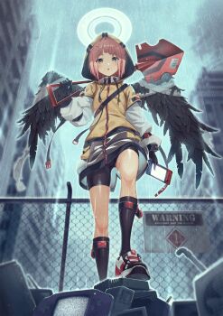 1girl angel_wings backlighting barcode bike_shorts black_gloves black_shorts black_wings blunt_bangs blush building chain-link_fence character_request copyright_request day drawstring feathered_wings fence from_below game_boy_advance game_boy_advance_(original) gloves hair_ornament hairclip halo handheld_game_console highres holding holding_shovel hood hood_up hooded_jacket jacket kabu_(niniko2ko) kneehighs knees layered_sleeves long_sleeves looking_at_viewer nintendo_switch object_request outdoors overcast pink_hair rain shoes short_hair short_over_long_sleeves short_sleeves shorts shovel sign skindentation skinny sky skyscraper sneakers socks solo standing static urban warning_sign wings yellow_eyes
