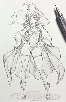 1girl :q art_tools_in_frame bikini boots cape character_request commentary_request copyright_request gluteal_fold graphite_(medium) greyscale hands_on_own_hips hat highleg highleg_panties highres long_hair looking_at_viewer micro_bikini monochrome navel panties seishun_dendeke skindentation solo standing star_(symbol) swimsuit thighhighs tongue tongue_out traditional_media underwear witch_hat