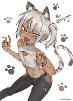 Rule 34 | 1boy, :d, animal ear fluff, animal ears, artist name, bare arms, bare shoulders, bent over, black hair, black nails, black pants, blush, bulge, clothing cutout, commentary, commission, commissioner name, cropped shirt, dark-skinned male, dark skin, double w, english commentary, fang, grey hair, highres, hip vent, multicolored hair, navel, open mouth, orange eyes, original, pants, paw print, paw print background, shirt, side ponytail, simple background, skin fang, sleeveless, sleeveless shirt, smile, solo, stomach, streaked hair, tail, tiger boy, tiger ears, tiger tail, trap, turtleneck, turtleneck shirt, twitter username, two-tone hair, w, white background, xcider