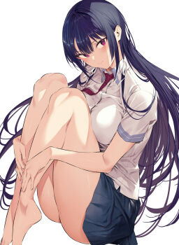1girl black_hair black_skirt breasts collared_shirt haite_kudasai_takamine-san hands_on_own_legs highres hiiragi_yuuichi large_breasts long_hair necktie pink_eyes red_necktie school_uniform shirt skirt solo takamine_takane thighs white_background white_shirt