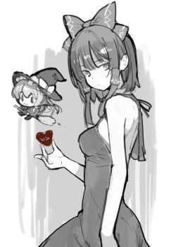 Rule 34 | 2girls, :3, alternate costume, asakura maru, bow, broom, broom riding, candy, chibi, chocolate, chocolate heart, closed mouth, commentary request, dress, food, greyscale, hair bow, hair tubes, hakurei reimu, hat, hat bow, heart, heart-shaped food, highres, kirisame marisa, long hair, looking at viewer, monochrome, multiple girls, smile, touhou, witch hat
