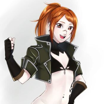 1girl :d arm_up bikini black_bikini breasts brown_gloves code_vein cropped_jacket fingerless_gloves gloves green_jacket hand_on_own_hip jacket looking_at_viewer murasame_rin_(code_vein) navel_piercing open_clothes open_jacket open_mouth orange_eyes orange_hair piercing ponytail scar scar_on_face scar_on_nose sidelocks simple_background small_breasts smile solo stomach_tattoo swimsuit tattoo upper_body usagi_san_080 white_background