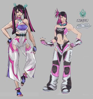 1girl aespa alternate_costume alternate_hairstyle animal_print bare_shoulders black_hair breasts cellphone concept_art early_concept_art fingerless_gloves full_body gloves grey_background han_juri hand_on_own_hip medium_breasts non-web_source official_art pants phone pink_hair side_ponytail smile spider_print street_fighter street_fighter_6 third-party_edit toeless_legwear twintails