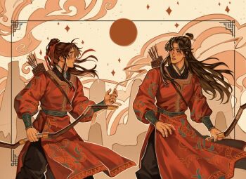 Rule 34 | 2boys, arrow (projectile), black hair, black pants, bow (weapon), chinese clothes, commentary, cowboy shot, english commentary, hair bun, hair ribbon, hanfu, headband, high ponytail, highres, holding, holding bow (weapon), holding headband, holding weapon, lan wangji, long hair, long sleeves, looking at another, male focus, modao zushi, mountain, multiple boys, pants, parted lips, patterned clothing, ponytail, quiver, red hanfu, red ribbon, ribbon, sash, single hair bun, standing, star (sky), strap, verbartt, weapon, wei wuxian, white headband, xiao guan (headdress)