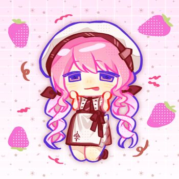 1girl :p apron ascot bare_arms black_socks bow brown_ascot brown_bow brown_dress brown_eyes brown_shoes chef chef_hat chibi closed_mouth dress flat_top_chef_hat food frilled_apron frills fruit gradient_background grid_background hair_bow halftone hands_on_own_cheeks hands_on_own_face happy haroi hat infinity_nikki kneehighs kneeling light_blush long_hair looking_at_viewer low_twintails nikki_(nikki) nikki_(series) pink_background pink_hair shadow shoes short_sleeves smile socks solo star_(symbol) strawberry sweet_traces_(infinity_nikki) tongue tongue_out twintails very_long_hair waist_bow wavy_hair white_apron white_hat