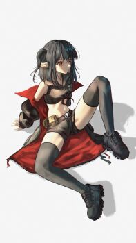 1girl absurdres arknights belt black_belt black_coat black_hair black_shirt black_shoes black_shorts black_thighhighs closure_(act_iii)_(arknights) closure_(arknights) coat collared_shirt commentary full_body highres legs looking_at_viewer medium_hair midriff mrsillust multicolored_coat navel open_clothes open_coat pointy_ears red_coat red_eyes shirt shoes short_shorts shorts simple_background sitting sleeveless sleeveless_shirt sneakers solo spread_legs thighhighs thighs tied_shirt two-tone_coat white_background