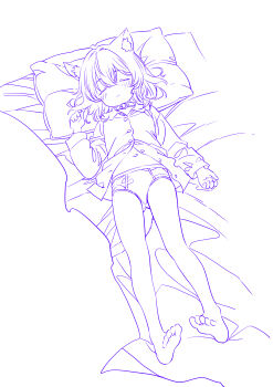 1girl absurdres animal_ear_fluff animal_ears bare_legs barefoot cat_ears cat_girl cat_tail closed_eyes collar colored_lineart commentary_request gu head_on_pillow highres lineart long_sleeves lying monochrome navel no_pants on_back on_bed open_clothes open_shirt original panties partially_unbuttoned pillow shirt short_hair sleeping tail underwear