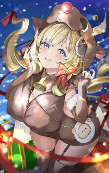 Rule 34 | 1girl, absurdres, alternate costume, animal costume, animal ears, bell, blonde hair, blush, breasts, brown hoodie, brown thighhighs, cleavage, closed mouth, highres, hololive, hood, hoodie, horns, jingle bell, large breasts, looking at viewer, neck bell, nyas0123, purple eyes, reindeer costume, sheep ears, sheep girl, sheep horns, smile, solo, thighhighs, tsunomaki watame, virtual youtuber