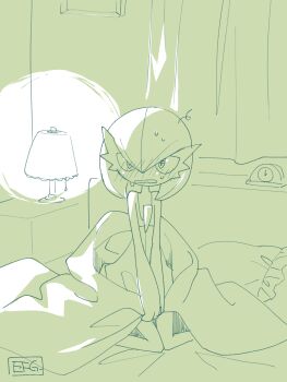 Rule 34 | absurdres, artist name, bed, blush, bob cut, commentary request, curtains, gardevoir, gen 3 pokemon, highres, hime takeo, indoors, lamp, nintendo, on bed, pillow, pokemon, pokemon (creature), signature, sitting, sweatdrop