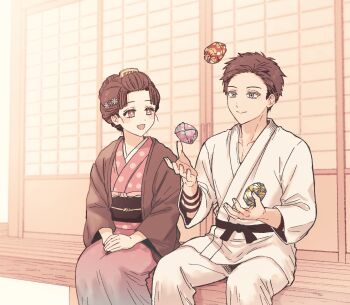 Rule 34 | 1boy, 1girl, belt, black belt, body markings, closed mouth, comb, flower-shaped pupils, hair bun, hair ornament, hakuji (kimetsu no yaiba), haori, highres, japanese clothes, juggling, kimetsu no yaiba, kimono, koyuki (kimetsu no yaiba), looking at another, nekoinucutedane, open mouth, own hands together, parted bangs, pink eyes, pink kimono, polka dot, polka dot kimono, short hair, sitting, smile, snowflake hair ornament, symbol-shaped pupils, updo, white dougi