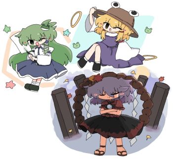 3girls antenna_hair autumn_leaves bare_shoulders black_shoes black_skirt blonde_hair blue_skirt blush_stickers brown_hat c: closed_eyes closed_mouth collared_shirt crossed_arms deformed detached_sleeves frog_hair_ornament gohei green_eyes green_hair hair_ornament hair_tubes hand_on_headwear hat holding holding_gohei jewelry kochiya_sanae kuuinusuki leaf leaf_hair_ornament long_hair long_sleeves mirror moriya&#039;s_iron_rings moriya_suwako multiple_girls onbashira one_eye_closed open_mouth purple_hair purple_skirt purple_vest red_shirt ring rope sandals shide shimenawa shirt shoes short_sleeves simple_background single_hair_tube single_sidelock sitting skirt skirt_set sleeveless sleeveless_shirt smile snake_hair_ornament socks star_(symbol) touhou vest white_background white_sleeves white_socks wide_sleeves yasaka_kanako yellow_eyes