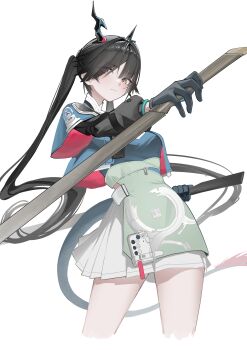 ! 1girl absurdres apron aqua_jacket arknights arknights:_endfield black_gloves black_hair blue_capelet blue_shirt capelet chen_qianyu_(arknights) commentary cow cropped_legs dragon_girl dragon_horns dragon_tail dual_wielding eastern_dragon_horns eastern_dragon_tail english_commentary gloves grey_eyes highres holding holding_sword holding_weapon horns jacket long_hair long_sleeves looking_at_viewer looking_down paszuto reverse_grip shirt simple_background skirt solo sword tail twintails very_long_hair weapon white_background white_skirt