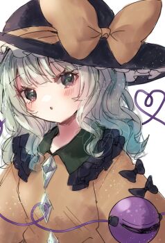 1girl :o black_bow black_hat blush bow buttons collared_shirt commentary_request contrast_collar diamond_button frilled_shirt_collar frills green_eyes green_hair hat hat_bow hat_ribbon heart heart_of_string jaku_sono komeiji_koishi light_particles medium_hair parted_lips ribbon shirt signature simple_background sleeve_bow solo third_eye touhou upper_body wavy_hair white_background yellow_bow yellow_ribbon yellow_shirt