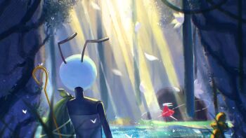 Rule 34 | 1boy, 1girl, antennae, arthropod boy, arthropod girl, black skin, bug, butterfly, cloak, colored skin, flower, from behind, green bag, hashtag-only commentary, highres, hollow knight, hollow knight: silksong, horned mask, hornet (hollow knight), horns, insect, looking at another, mask, needle (hollow knight), pin (hollow knight), red cloak, seth (hollow knight), standing, sunlight, thread, velidi3, weapon, white butterfly, white flower, white mask