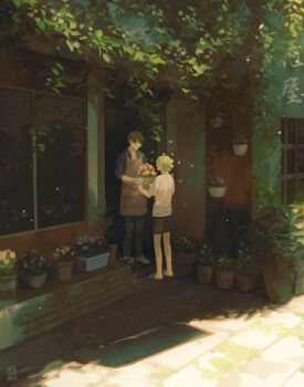 2boys apron bilingual_commentary black_pants black_shorts bouquet brown_apron commentary driftwoodwolf english_commentary florist flower gloves heart holding holding_bouquet long_sleeves male_focus mixed-language_commentary multiple_boys original pants plant potted_plant sandals scenery shirt shorts sunlight white_gloves white_shirt window yaoi