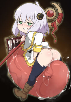 1girl anya_(spy_x_family) ass black_thighhighs boots brown_boots censored commentary cosplay dress frieren_(cosplay) from_behind green_eyes highres holding holding_staff jcm2 loli long_tongue looking_at_viewer looking_back mage_staff mimic mimic_chest mosaic_censoring saliva short_hair solo sousou_no_frieren spy_x_family staff tanezaki_atsumi thighhighs tongue very_long_tongue voice_actor_connection white_dress white_hair