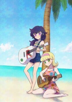2girls barefoot beach blonde_hair blue_sky burningyurijoji day goha_yuuna green_eyes guitar hairband holding holding_guitar holding_instrument instrument kirishima_rovian long_hair multiple_girls ocean palm_tree pink_hairband purple_eyes purple_hair sitting sky striped_clothes swimsuit tree yu-gi-oh! yu-gi-oh!_go_rush!!