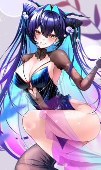 1girl absurdres aqua_hair ass bracelet breasts bubble bubble_hair_ornament cleavage clothing_cutout colored_inner_hair dress earrings gloves goddess_of_victory:_nikke gradient_hair hair_intakes hair_ornament hashtag-only_commentary heart_cutout highres jewelry little_mermaid_(abyss_flower)_(nikke) little_mermaid_(nikke) long_hair medium_breasts multicolored_hair official_alternate_costume pearl_earrings pearl_hair_ornament pink_hair see-through_clothes see-through_dress see-through_gloves smile solo sphere_hair_ornament supalevugue teeth thighs very_long_hair yellow_eyes