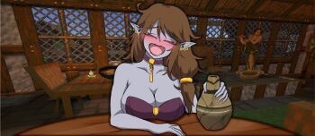 2girls alcohol bard black_choker blush breast_rest breasts breasts_on_table breton brown_hair choker cleavage closed_eyes colored_skin commission corset dark_elf dress drinking drunk dunmer earrings elf fang flute green_dress grey_skin hair_tie highres hoop_earrings instrument jewelry kiihkiih large_breasts lipstick long_hair makeup medieval messy_hair multiple_earrings multiple_girls open_mouth pixel_art pointy_ears sketch stud_earrings table tavern the_elder_scrolls the_elder_scrolls_ii:_daggerfall