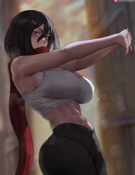 1girl abs black_hair black_pants blue_eyes blurry blurry_background blush breasts cleavage commentary hair_between_eyes highres large_breasts looking_at_viewer midriff mikasa_ackerman navel oroborus pants patreon_username red_scarf scarf shingeki_no_kyojin short_hair solo sweat