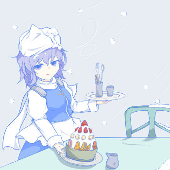 1girl absurdres apron blue_skirt blue_vest cake chair commentary cup food galm_x_lmr_(ryonasa) grey_background grey_eyes grey_hair hat highres holding holding_plate letty_whiterock long_hair long_sleeves open_mouth plate scarf shirt skirt snow solo standing table textless_version touhou utensil vest waist_apron white_apron white_hat white_scarf white_shirt winter
