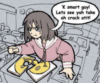 Rule 34 | 1girl, azumanga daioh's school uniform, azumanga daiou, brown hair, classroom, closed mouth, commentary, english commentary, english text, indoors, kasuga ayumu, long sleeves, meme, ok smart guy! let's see you take a crack at it! (meme), pantsu-ripper, pink shirt, puzzle, puzzle piece, school uniform, shirt, solo, speech bubble, tears, upper body, winter uniform