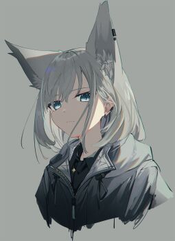 Rule 34 | 1girl, animal ear fluff, animal ears, black shirt, collared shirt, commentary request, cropped torso, earclip, earrings, extra ears, fox ears, fox girl, grey background, grey eyes, grey hair, grey jacket, highres, hood, hooded jacket, jacket, jewelry, long hair, looking at viewer, nagishiro mito, original, parted bangs, shirt, sidelocks, simple background, solo